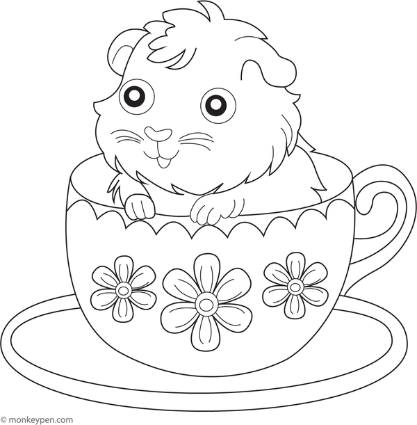 Free printable guinea pig sitting inside the tea cup image for colouring for kids, a fun activity to explore
