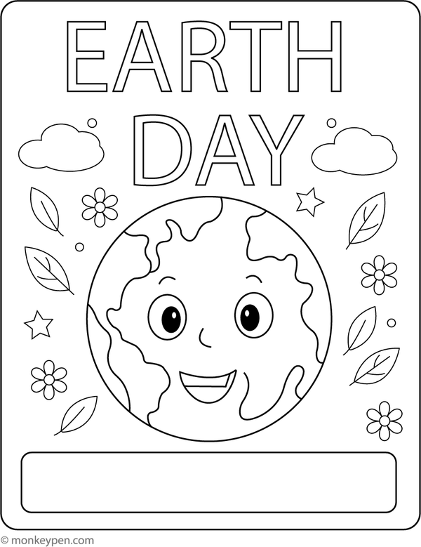 Festive Earth Day poster featuring Earth with trees, flowers, and animals, ready for coloring.