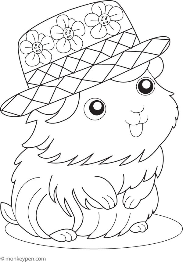 Printable guinea pig in a hat coloring picture