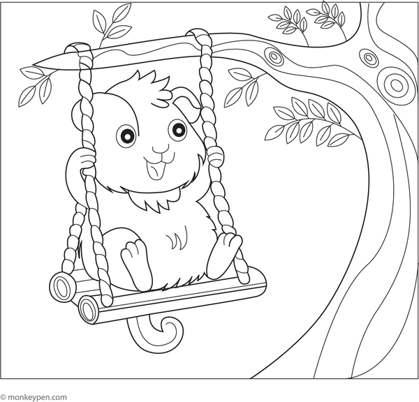 Free printable guinea pig on a swing coloring image for children