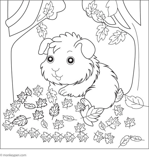 Free printable guinea pig in a leaf pile coloring sheet for children