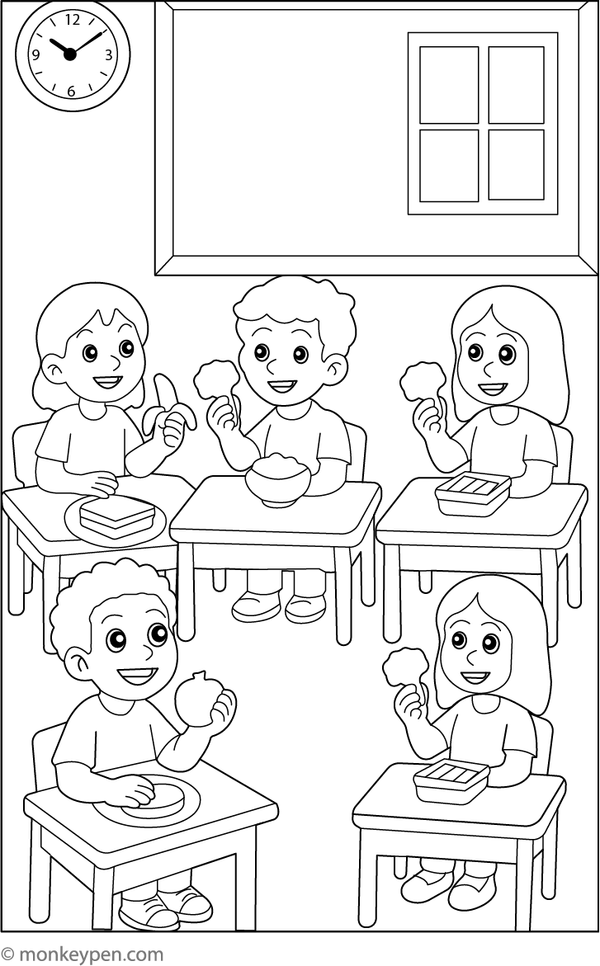 Children eating a healthy lunch at school with fruits and vegetables, designed for coloring.