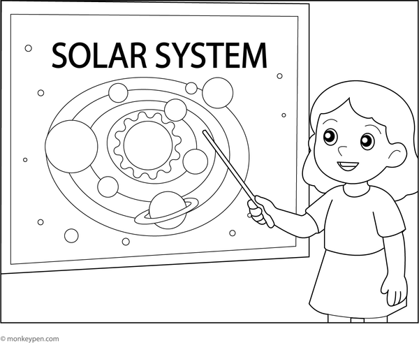 Preschool child pointing to a solar system chart, ready to be colored.