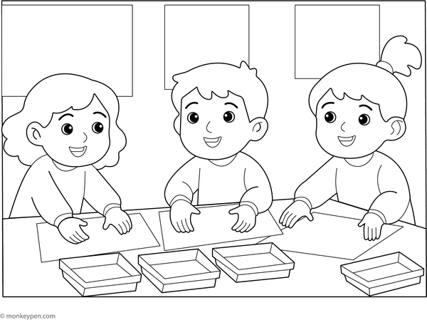 Child enjoying finger painting with colorful hands, set for coloring.