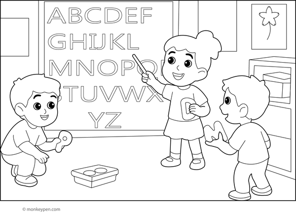 Children on an alphabet treasure hunt, searching for objects starting with different letters, ready for coloring.
