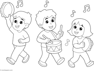 Children participating in a parade, playing instruments, prepared for coloring.