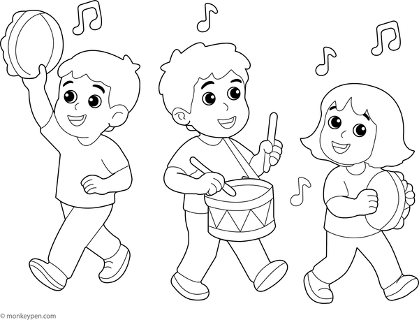 Children participating in a parade, playing instruments, prepared for coloring.