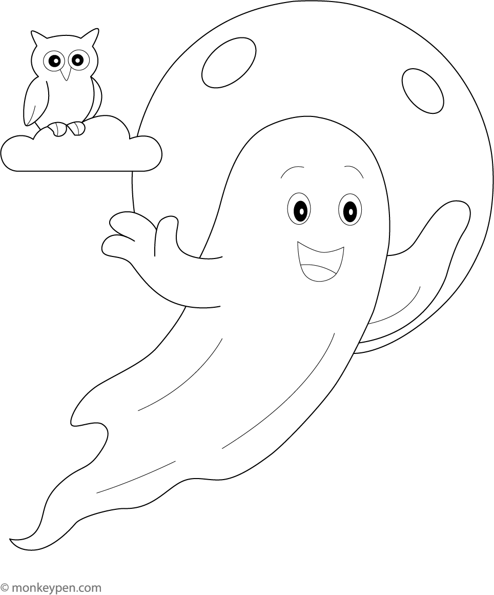 Ghost Floating Around a Full Moon | Spooky Coloring Page