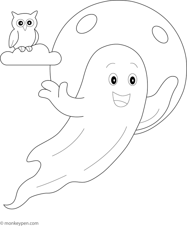 Ghost and Full Moon Coloring Image for Kids