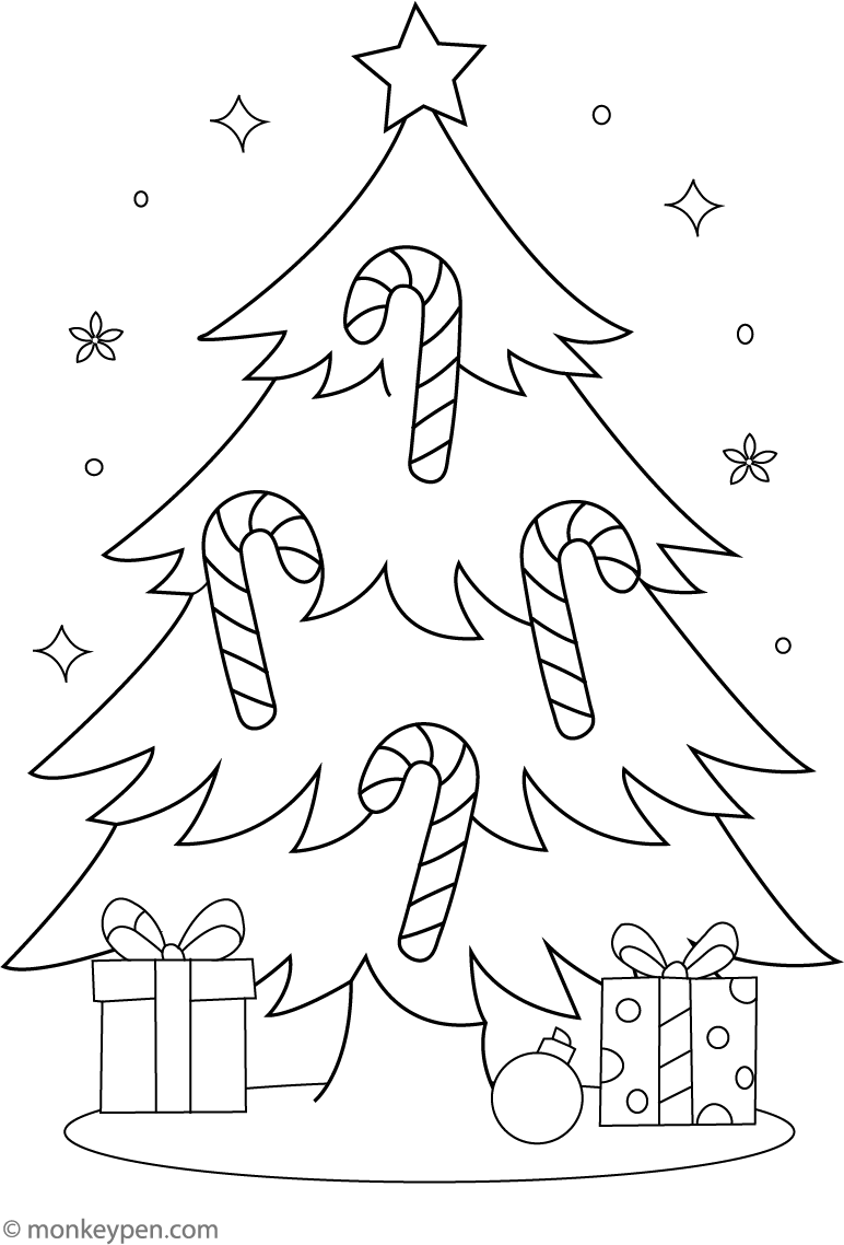 Candy Canes Hanging from a Christmas Tree | Free Coloring Page