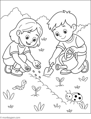 Kids planting seeds in a garden, with soil and tools, a perfect colouring activity for children.