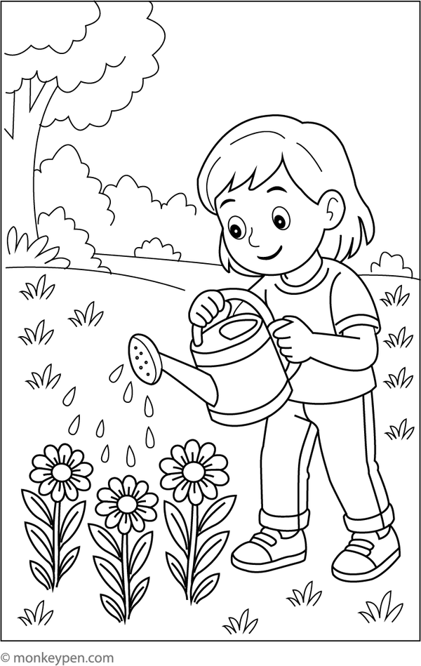 Child watering a flower bed with a watering can, a delightful garden scene for kids to colour.