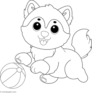 Husky puppy chasing a ball in a grassy field, featuring detailed elements for coloring.