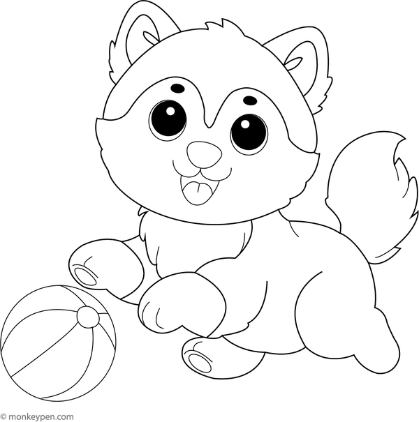 Husky puppy chasing a ball in a grassy field, featuring detailed elements for coloring.