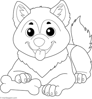 Husky chewing a bone with a joyful expression and playful paws, designed for coloring fun.