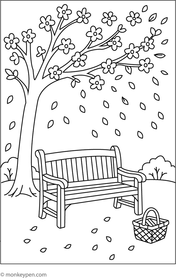 Garden bench under a blossoming tree, surrounded by flowers, ideal for a calming coloring experience.
