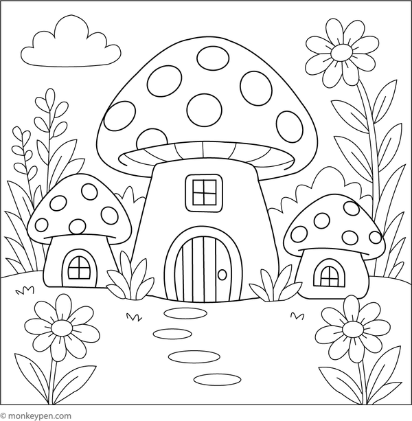 Mushroom houses with small doors and windows, surrounded by nature, ready for coloring.