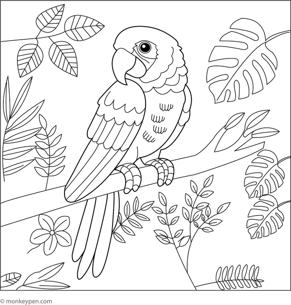 Jungle scene coloring page with a parrot among lush leaves and vines, a fun nature-themed activity for children.