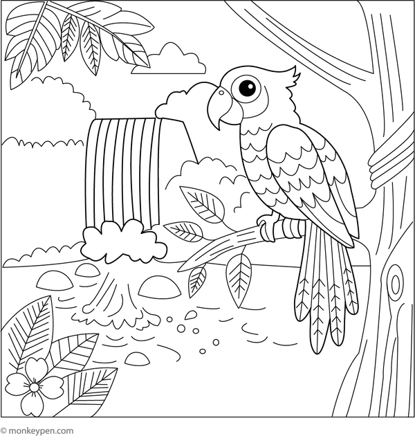 Coloring page of a parrot flying near a beautiful waterfall, blending nature and creativity for kids to enjoy.
