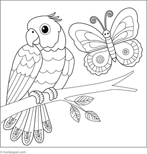 Adorable parrot and butterfly coloring page, showcasing friendship in a fun and creative jungle setting.