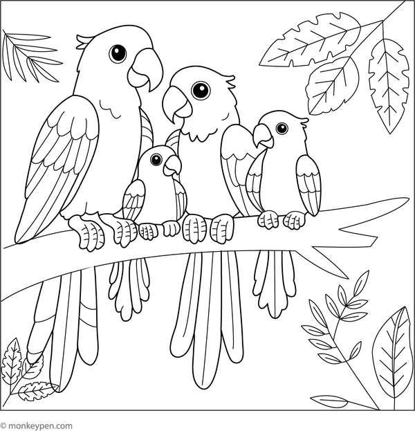 Sweet parrot family coloring sheet featuring parent and baby parrots together on a branch, perfect for kids to color.