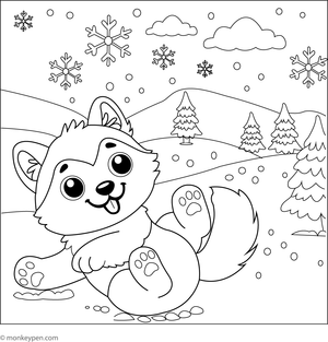 Husky running through deep snow, leaving paw prints behind, showcasing energy and movement.