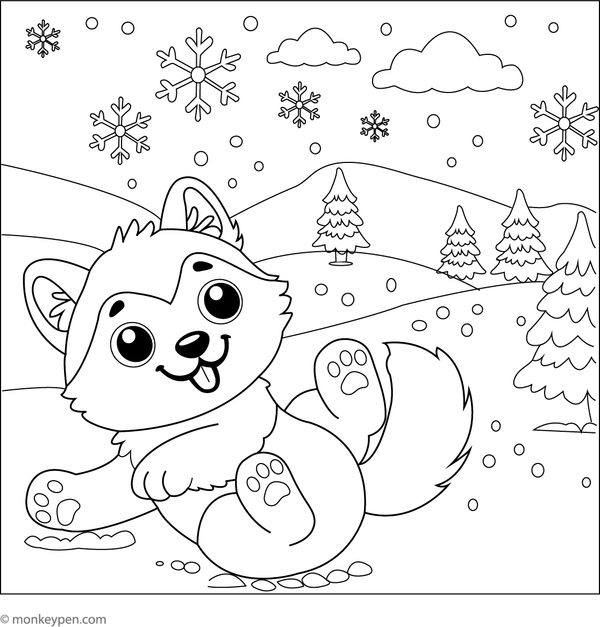 Husky running through deep snow, leaving paw prints behind, showcasing energy and movement.