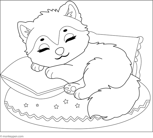 Sleeping Husky puppy curled up in a blanket, creating a peaceful scene for coloring.