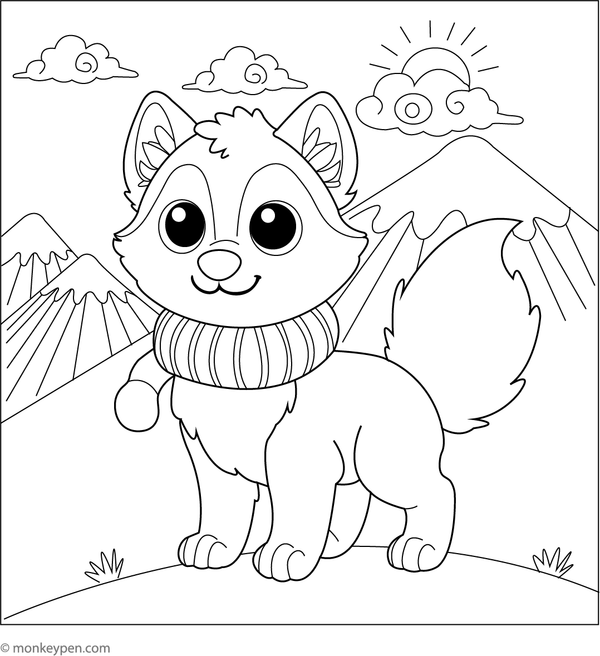 colour this adventurous free printable of a Husky standing proudly on a snowy mountain, ideal for children's exploration and enjoyment.