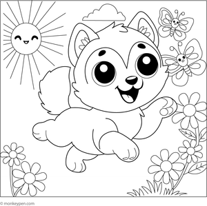 Husky watching a butterfly on a flower, with playful details for children to color.