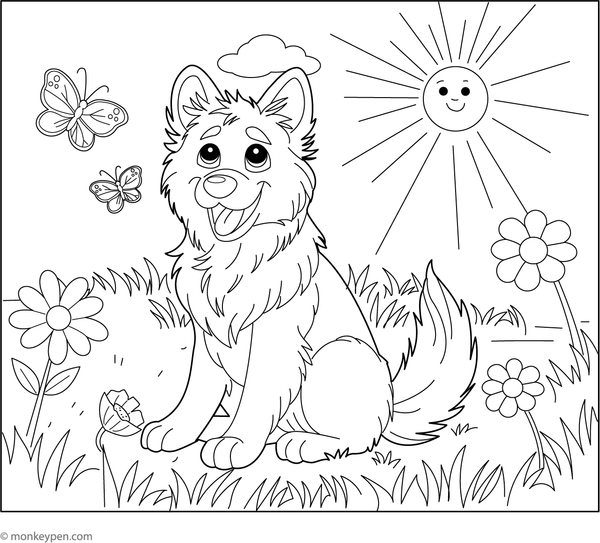 Printable German Shepherd in a Field of Flowers Coloring Sheet for kids