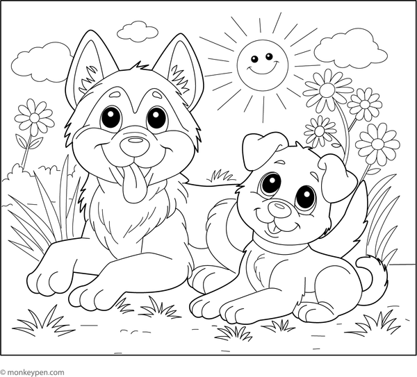 Free printable German Shepherd with a Puppy Coloring picture for children