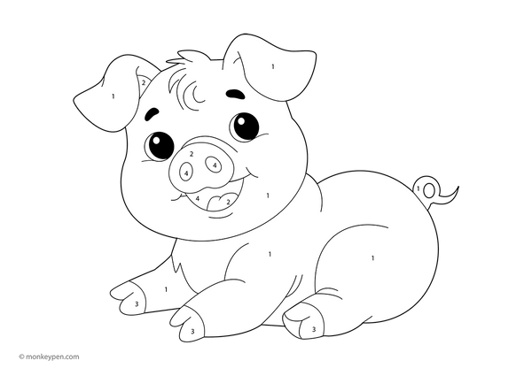 Downloadable color-by-number PDF featuring a cheerful pig with curly tail and rosy cheeks in a farmyard setting—great for kids to enjoy coloring while learning numbers and colors.