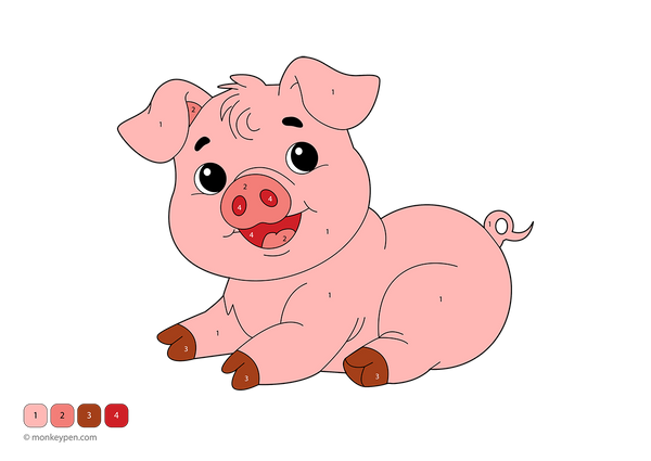 Downloadable color-by-number PDF featuring a cheerful pig with curly tail and rosy cheeks in a farmyard setting—great for kids to enjoy coloring while learning numbers and colors.