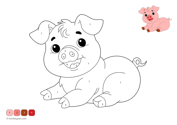 Downloadable color-by-number PDF featuring a cheerful pig with curly tail and rosy cheeks in a farmyard setting—great for kids to enjoy coloring while learning numbers and colors.
