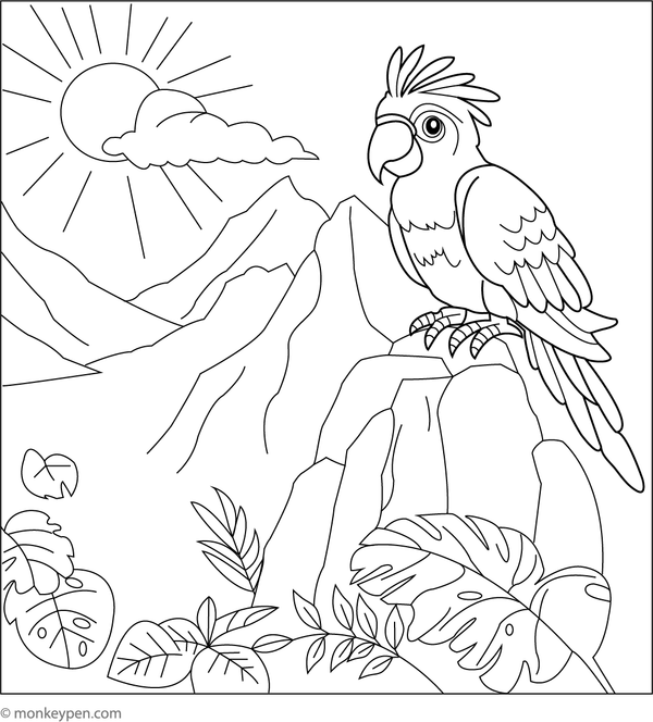 Printable parrot colouring sheet showing a bird enjoying the view from a high mountain peak, ready for adventure.