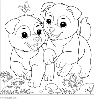 Two Husky puppies playing together in a sunny field, filled with grass and flowers for coloring activity.