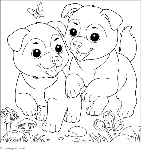 Two Husky puppies playing together in a sunny field, filled with grass and flowers for coloring activity.