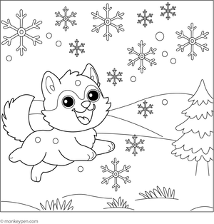 Husky leaping and chasing snowflakes descending from the sky, with a snow-covered ground as part of the scene for coloring.