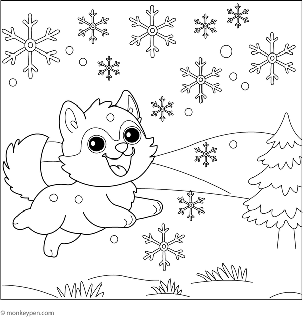Husky leaping and chasing snowflakes descending from the sky, with a snow-covered ground as part of the scene for coloring.