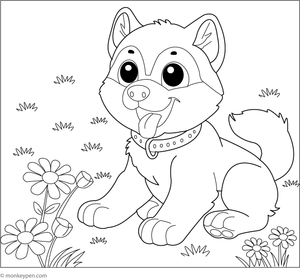 Husky playing in a garden filled with flowers, butterflies, and plants, offering a scene for children to color.