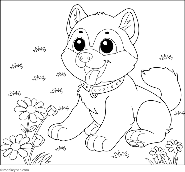 Husky playing in a garden filled with flowers, butterflies, and plants, offering a scene for children to color.