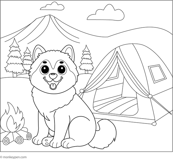 Husky on a camping trip, sitting near a tent amidst trees, a campfire, and natural details suitable for coloring.