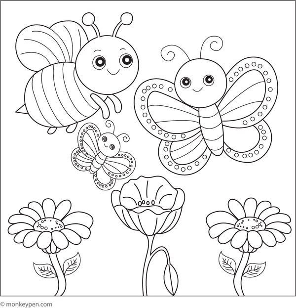 Bumblebee meeting a colorful butterfly in a garden with flowers and greenery.