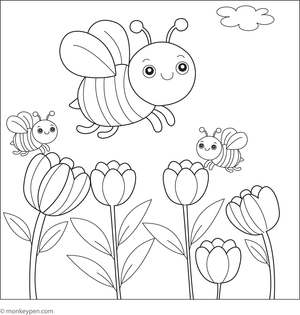 Printable Bumblebee in a Garden of Tulips Coloring Image for kids