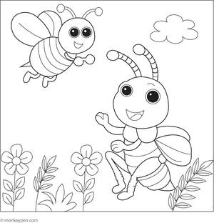 Printable Bumblebee and the Waving Grasshopper colorig picture for Children