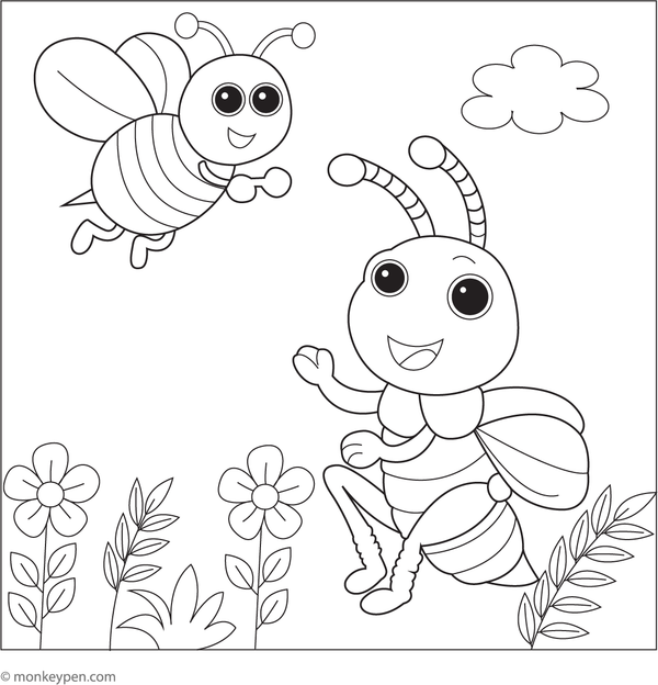 Printable Bumblebee and the Waving Grasshopper colorig picture for Children