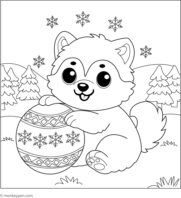 Husky holding or playing with a snowball, preparing for a winter game, set against a wintery scene for coloring.