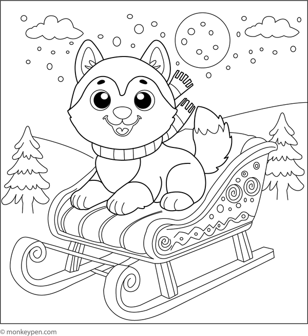 Husky riding in a sleigh through the snow, with motion lines and a winter landscape to depict during coloring.