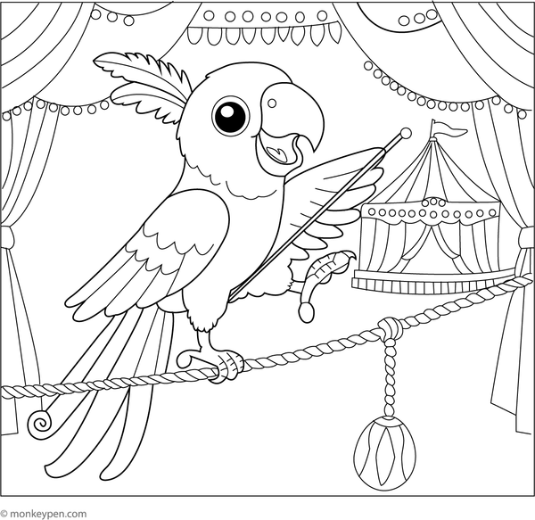 Printable colouring page of a circus parrot performing tricks, a cheerful scene full of fun and imagination.